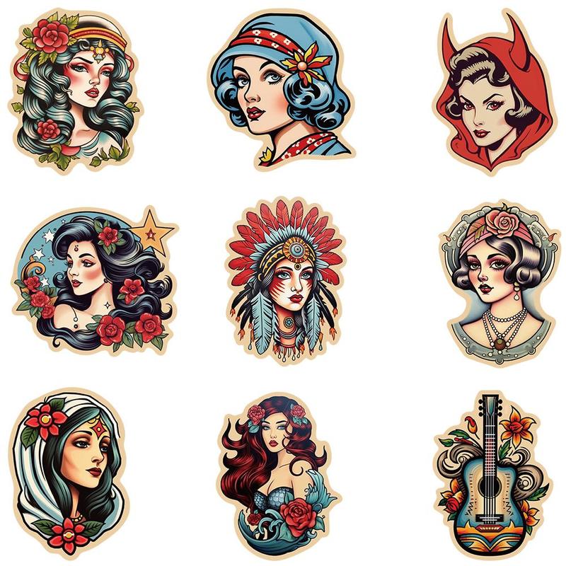 Vintage Tattoo Series Graffiti Sticker, 50pcs set Waterproof Decorative Sticker, DIY Creative Decal for Phone Case, Laptop, Notebook, Helmet, Skateboard, Frame