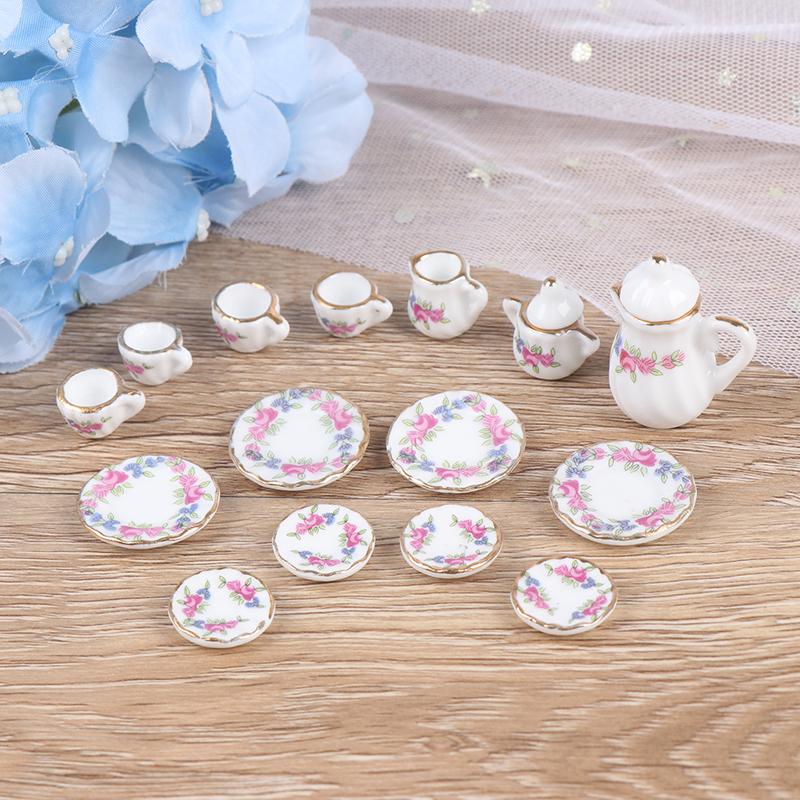 15Pcs Dollhouse Miniature Tableware Porcelain Ceramic Coffee Tea Cups Set Toys