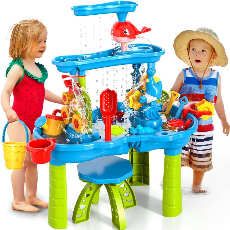 Beach Table Toys,3 Tier Outdoor Water Sand Table,Interactive Game Water Table,Beach Backyard Activity Table,Seaside Beach Summer Outdoor Toys,Multi Accessories Set