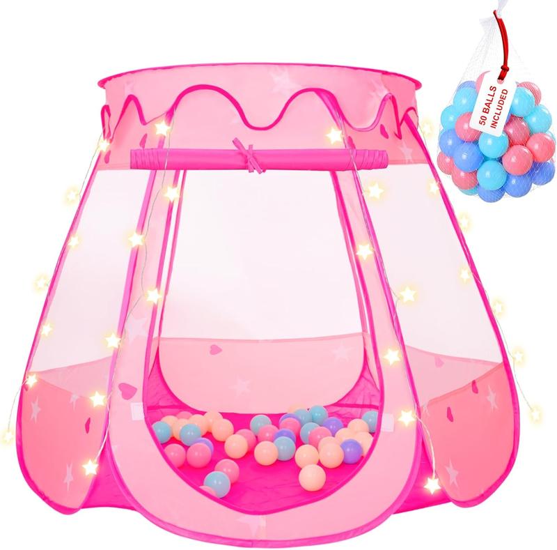 Christmas gift Pop-Up Princess Tent with 50 Balls & Star Lights - Toddler Ball Pit for Girls | Birthday Gift, Indoor & Outdoor Playhouse with Bag