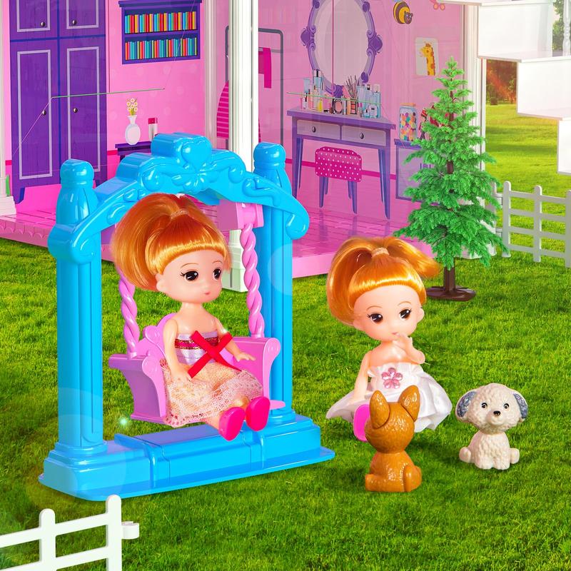 Luxury DollHouse Pink  Toys - 4 Stories 10 Rooms Dollhouse with 2 Dolls,Slide, Pretend Cottage Toy with Accessories