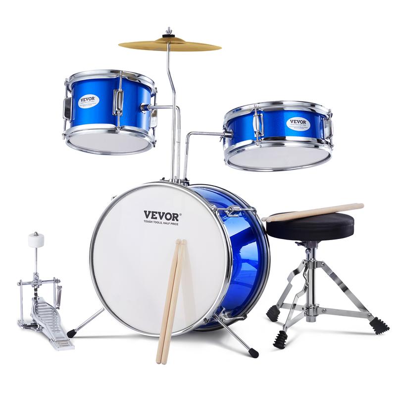 VEVOR Kids Drum Set, 3-Piece, 14 in Beginner Drum Set with Adjustable Throne Cymbal Pedal Two Pairs of Drumsticks, 8'' Tom Drum 10'' Snare Drum 14'' Bass Drum, Starter Drum Kit for Child Kids, Blue