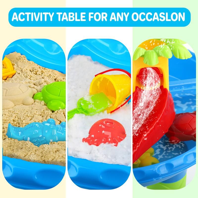 deAO Sand Water Table Beach Summer Toys Sandbox Table Outdoor Activity Sensory Play Table with Dolphin Water Wheel, Molds,Sand Water Toys for Outdoor Backyard