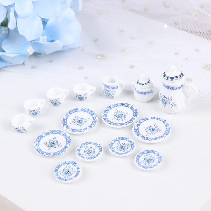 15Pcs Dollhouse Miniature Tableware Porcelain Ceramic Coffee Tea Cups Set Toys