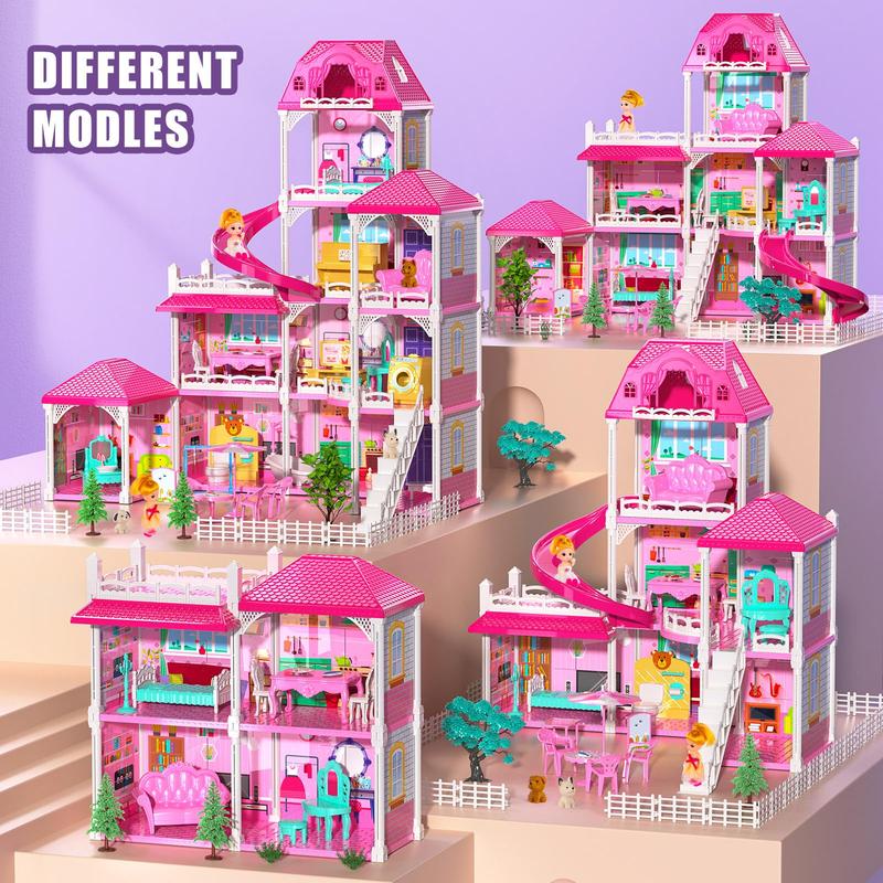 Luxury DollHouse Pink  Toys - 4 Stories 10 Rooms Dollhouse with 2 Dolls,Slide, Pretend Cottage Toy with Accessories