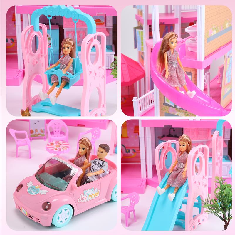 Huge Dollhouse With Elevator And Light,Doll Toy Figures Playhouse With 359 PCS,Christmas Birthday Gifts ,Pink