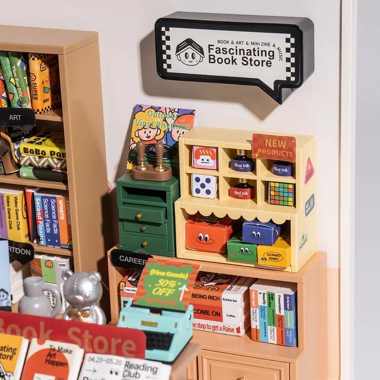 Rolife Super Creator Book Store Kit，1:24 scale plastic DIY miniature house with LED, suitable for ages 8-15 and adults, perfect for creative hobbies.