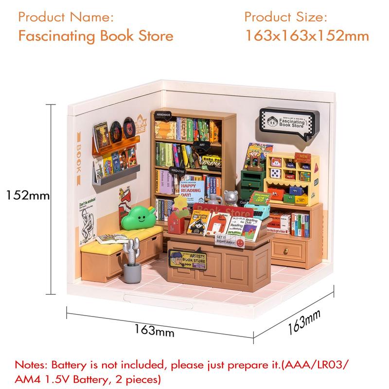 Rolife Super Creator Book Store Kit，1:24 scale plastic DIY miniature house with LED, suitable for ages 8-15 and adults, perfect for creative hobbies.