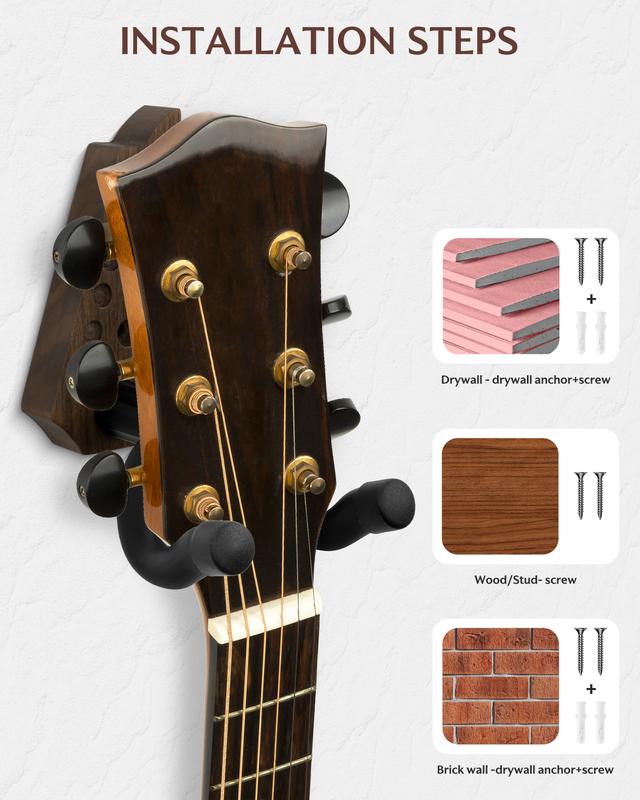 STRICH Guitar Wall Mount, Walnut Base, U-Shaped Hanger with Screws for Electric, Acoustic Guitar, Banjo, Bass (1-Pack)