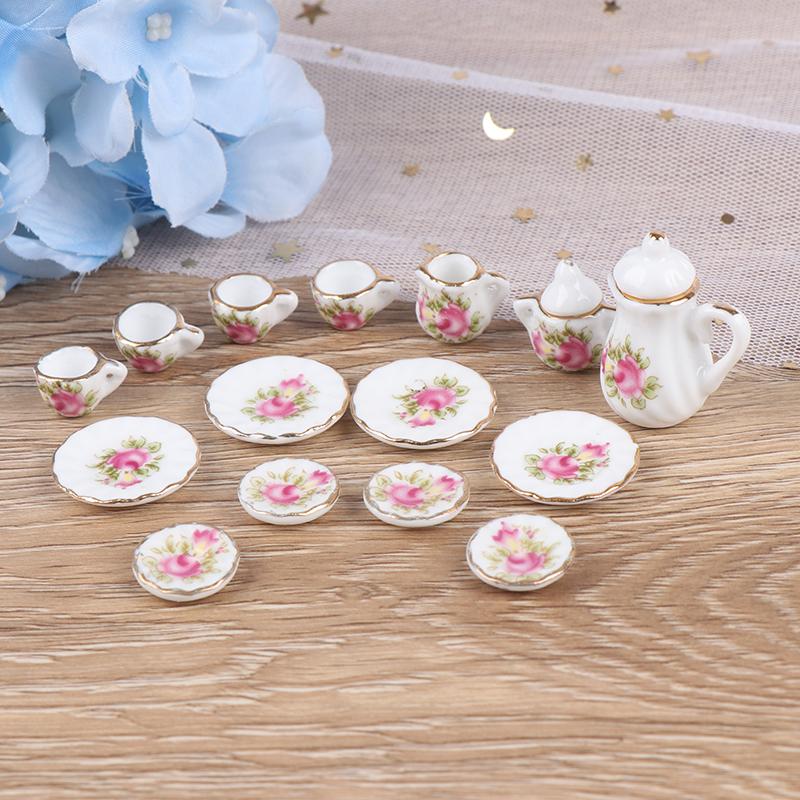 15Pcs Dollhouse Miniature Tableware Porcelain Ceramic Coffee Tea Cups Set Toys