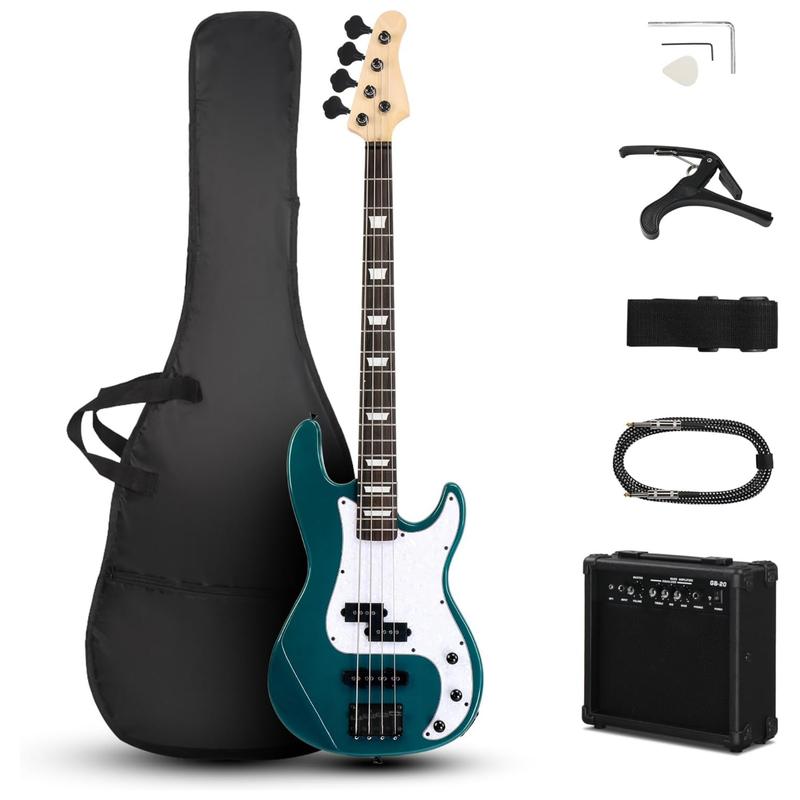 Ktaxon 4 String Electric Bass Guitar, PB-Style Full Size Standard Right Handed Beginner Kit with 20W AMP, Gig Bag, Strap, Upgrade Cable, Guitar Capo for Youths & Adults (Lake Blue)