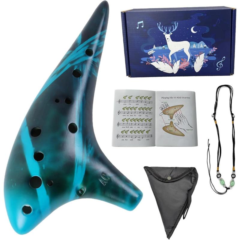 Ocarina 12 Hole Alto C Smokey Straw Fired Ceramic Ocarina with Song Book for Beginners, (Blue)