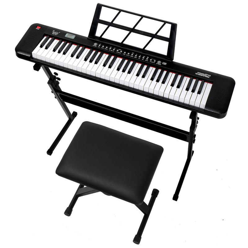 GEP-109 61 Key Lighting Keyboard with Piano Stand, Piano Bench, Built In Speakers, Headphone, Microphone, Music Rest, LED Screen, 3 Teaching Modes for Beginners