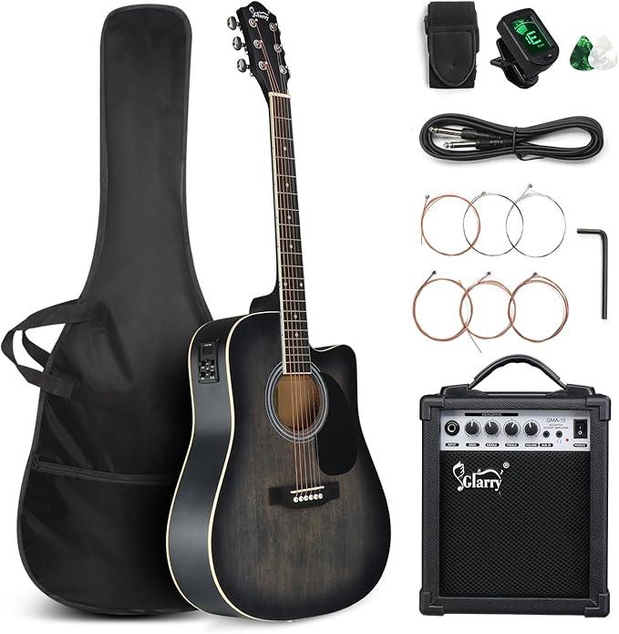 Full Size 6 Strings Acoustic Electric Guitar Beginner Kit w  15W Amp, Cutaway 41 Inch Electric Acoustic Guitar w Inbuilt Tuner, Bag, Strap, Picks, Strings - GuitarSViet Mall