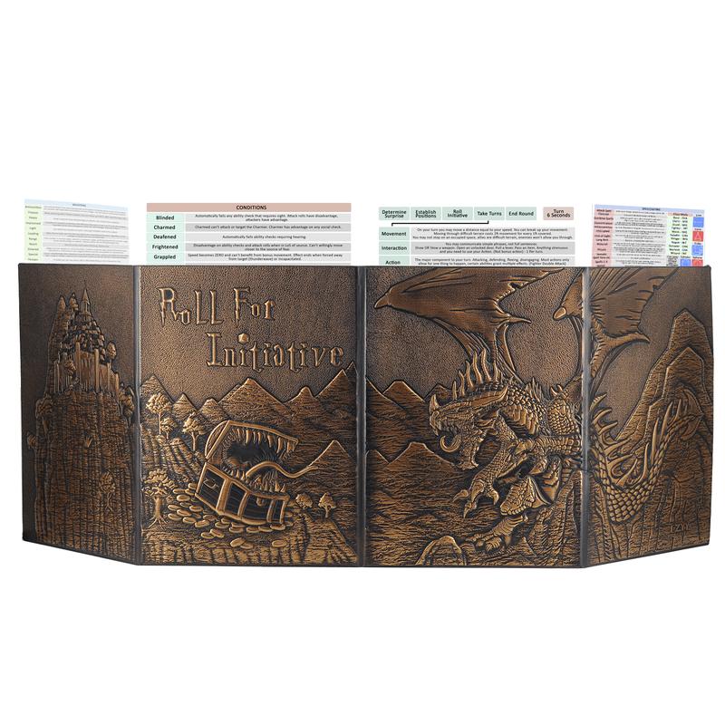 DND Dungeon Master Screen Faux Leather Embossed Dragon & Mimic, Four-Panel with Pockets DM Screen for Dungeons and Dragon, Pathfinder, D&D