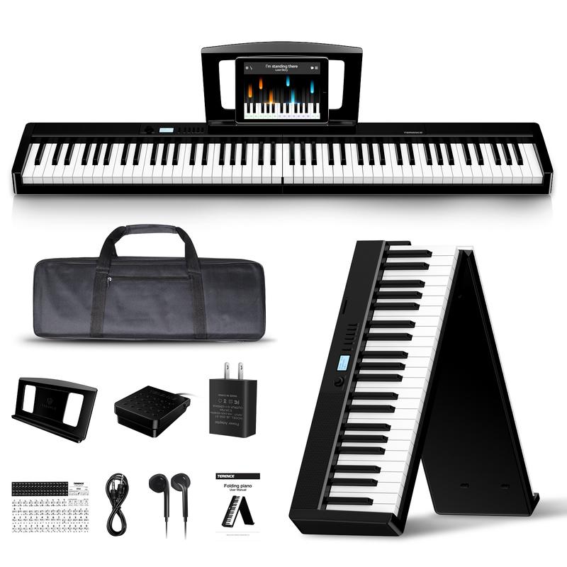 TERENCE Piano Keyboard, 88 Key Full Size Weighted Folding Piano Keyboard, Digital Keyboard Piano with 2X5W Speakers, Music Stand, Keyboard Stickers, Earphones and Sustain Pedal