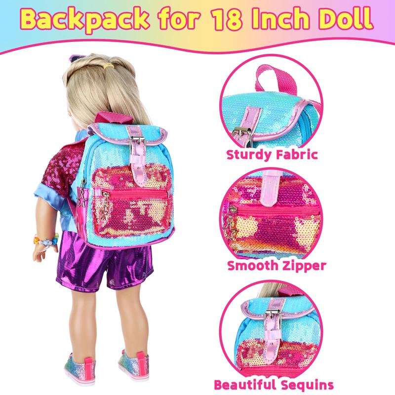 10 Pcs American 18 Inch Doll Accessories, 3-piece 18 Inch Doll Clothes Set with Doll Shoes, Hair Clip, Gradient Backpack, Bracelet, Sunglasses, Notebooks, Toy Tablet