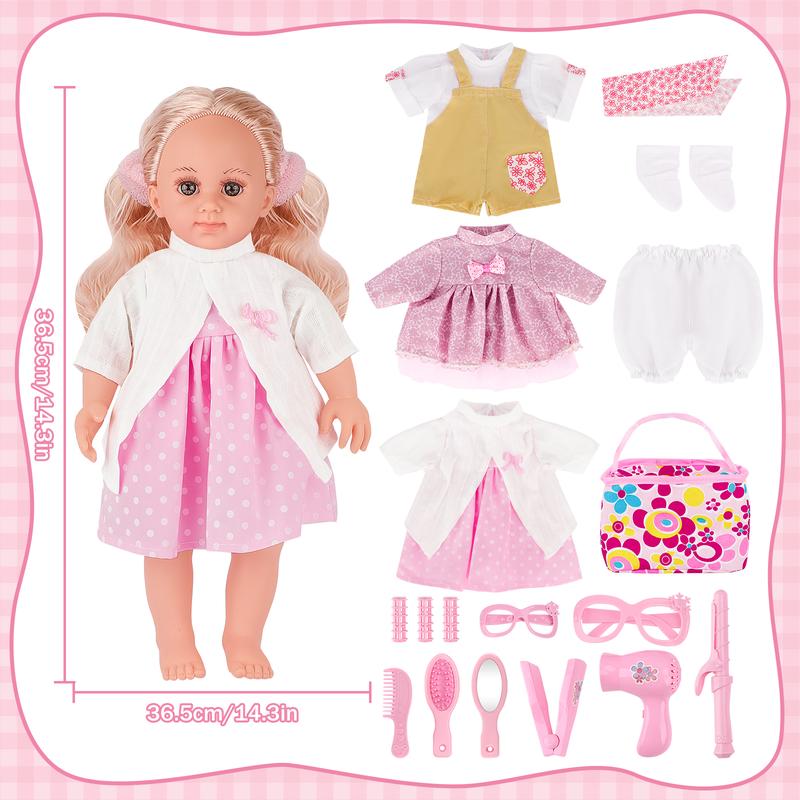 deAO Soft Doll with Clothes 3 types of outfits, perfect doll playset, with glasses and hair brush accessories, Doll with Accessories gift