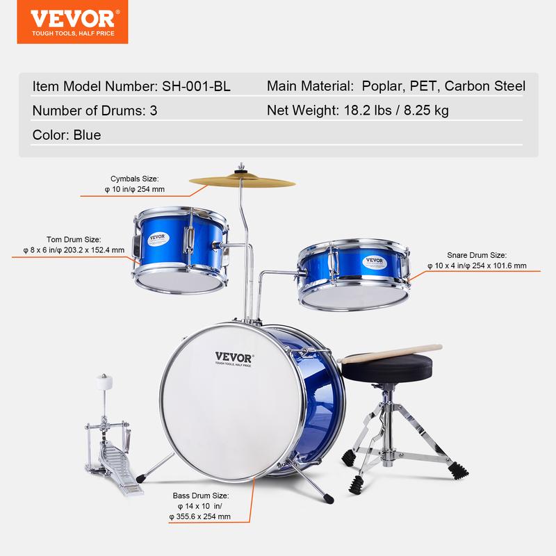 VEVOR Kids Drum Set, 3-Piece, 14 in Beginner Drum Set with Adjustable Throne Cymbal Pedal Two Pairs of Drumsticks, 8'' Tom Drum 10'' Snare Drum 14'' Bass Drum, Starter Drum Kit for Child Kids, Blue