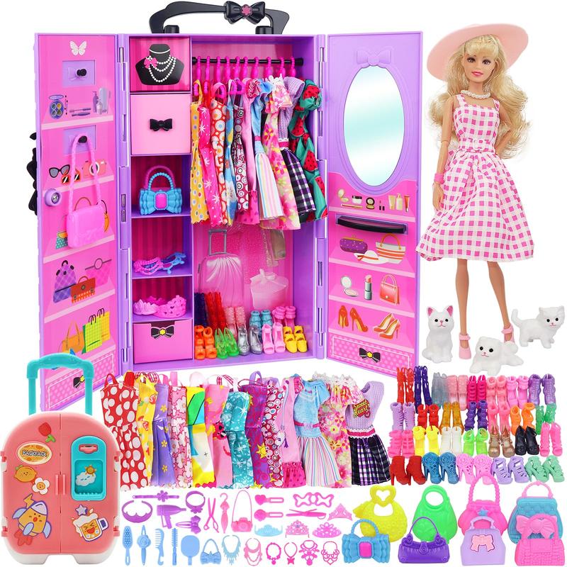 83 Pcs Dolls & Accessories with Doll Closet Wardrobe for 11.5 Inch Doll Dress Up Set Including Wardrobe Shoes Wallet Dress Hangers Brush Necklace Pet and Other Accessories (No Doll)