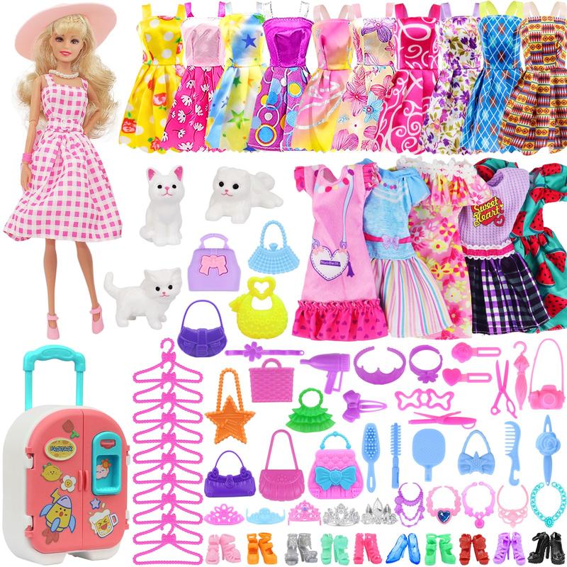 83 Pcs Dolls & Accessories with Doll Closet Wardrobe for 11.5 Inch Doll Dress Up Set Including Wardrobe Shoes Wallet Dress Hangers Brush Necklace Pet and Other Accessories (No Doll)