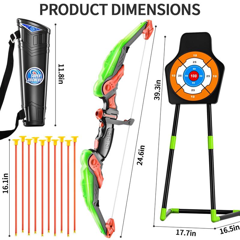 Bow and Arrow Set ,  Archery Set with LED Lights includes 10 Suction Cup Arrows, Quivers & Standing Target, Outdoor Toys for