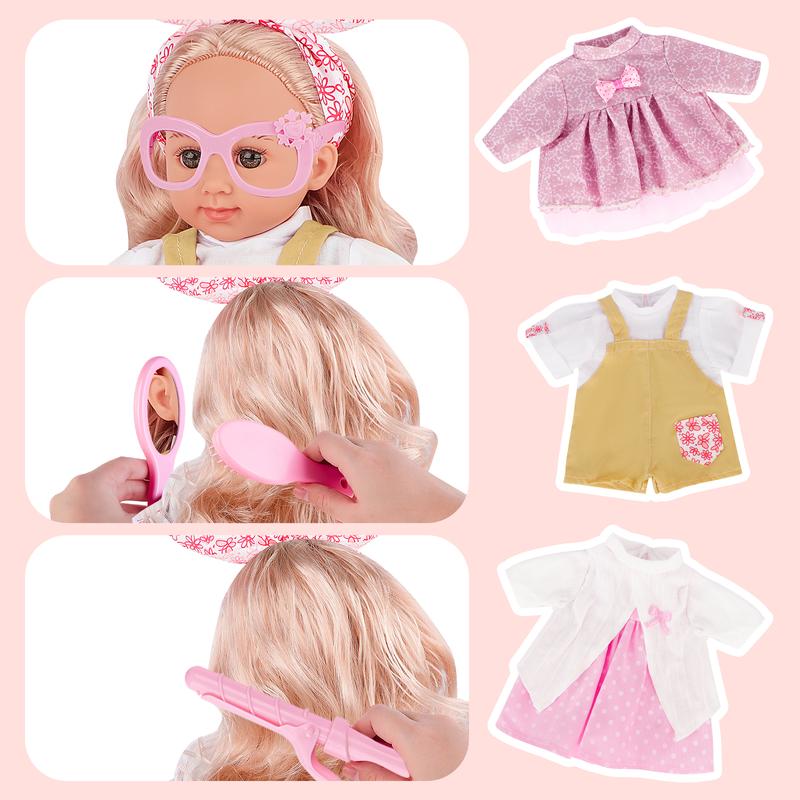 deAO Soft Doll with Clothes 3 types of outfits, perfect doll playset, with glasses and hair brush accessories, Doll with Accessories gift