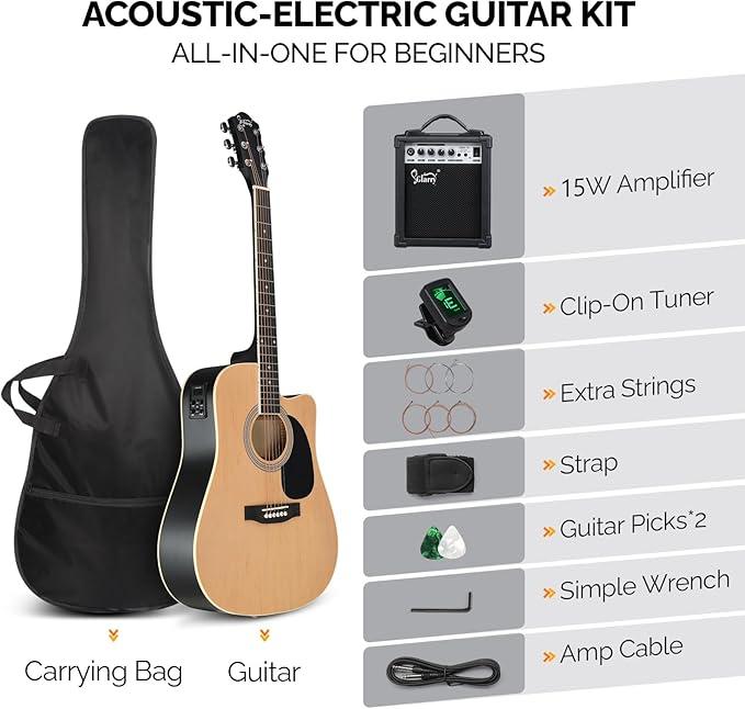 Full Size 6 Strings Acoustic Electric Guitar Beginner Kit w  15W Amp, Cutaway 41 Inch Electric Acoustic Guitar w Inbuilt Tuner, Bag, Strap, Picks, Strings - GuitarSViet Mall