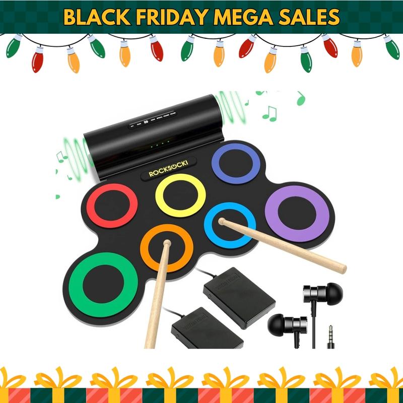 「Black Friday」Electronic Drum Set, Christmas Gifts, Roll-Up Drum Practice Pad Drum Kit 10 Hours Playtime