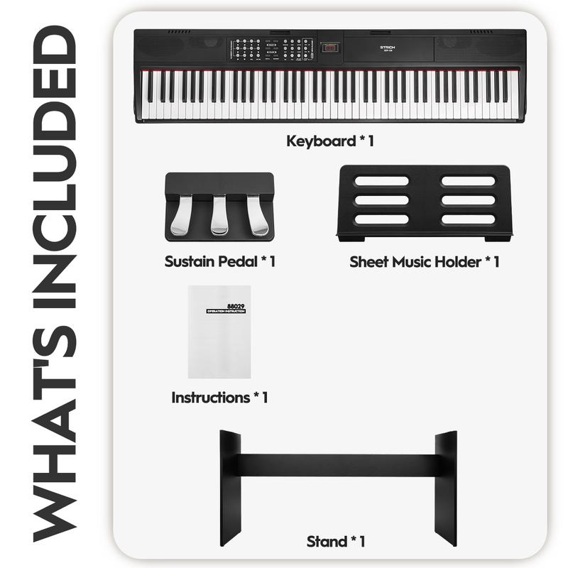 STRICH 88-Key Weighted Digital Piano with Stand & Sustain Pedal, Hammer Action, 2x15W Speakers, USB-MIDI Wireless Connect, Model SDP-120S.