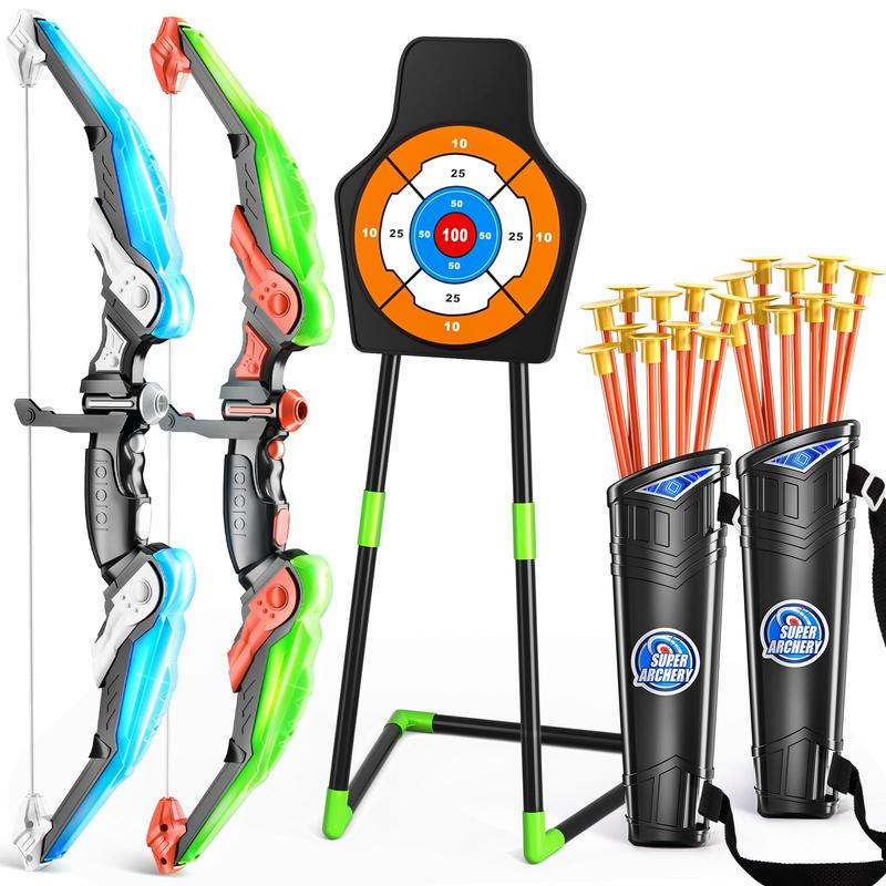 Bow and Arrow Set ,  Archery Set with LED Lights includes 10 Suction Cup Arrows, Quivers & Standing Target, Outdoor Toys for