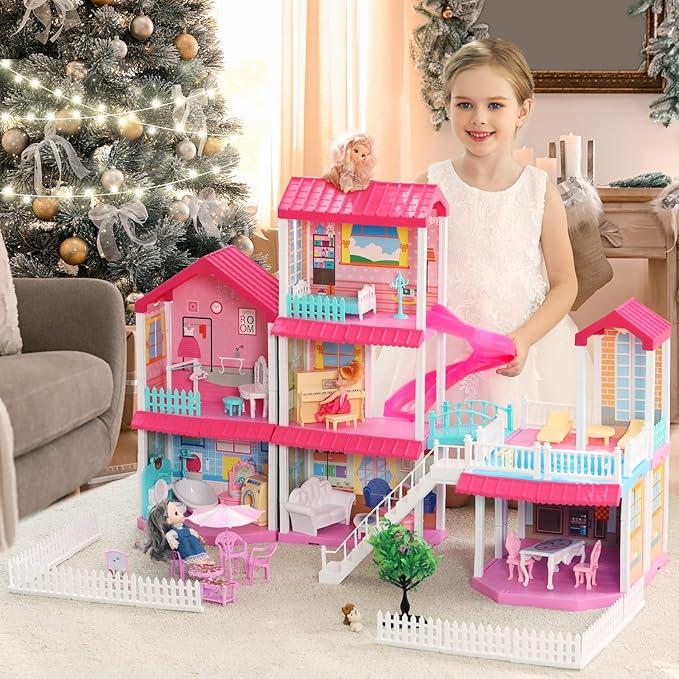 NEOBIOO  Doll Girls House, Girls DIY Building House Toy, Including Pool, Slide, Furniture and Accessories, Suitable for Children Over 3 Years Old Christmas Gifts