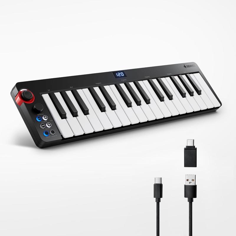 Donner N-32 32-Key USB MIDI Keyboard Controller with Screen, Sequencer, Chord, Bend Sound Effects By Light-up Joystick for Mac PC, Music Production Software, 40 Teaching Courses