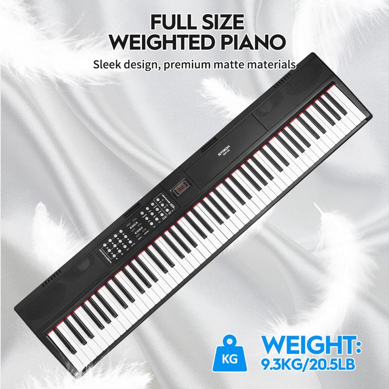 STRICH 88-Key Weighted Digital Piano with Stand & Sustain Pedal, Hammer Action, 2x15W Speakers, USB-MIDI Wireless Connect, Model SDP-120S.