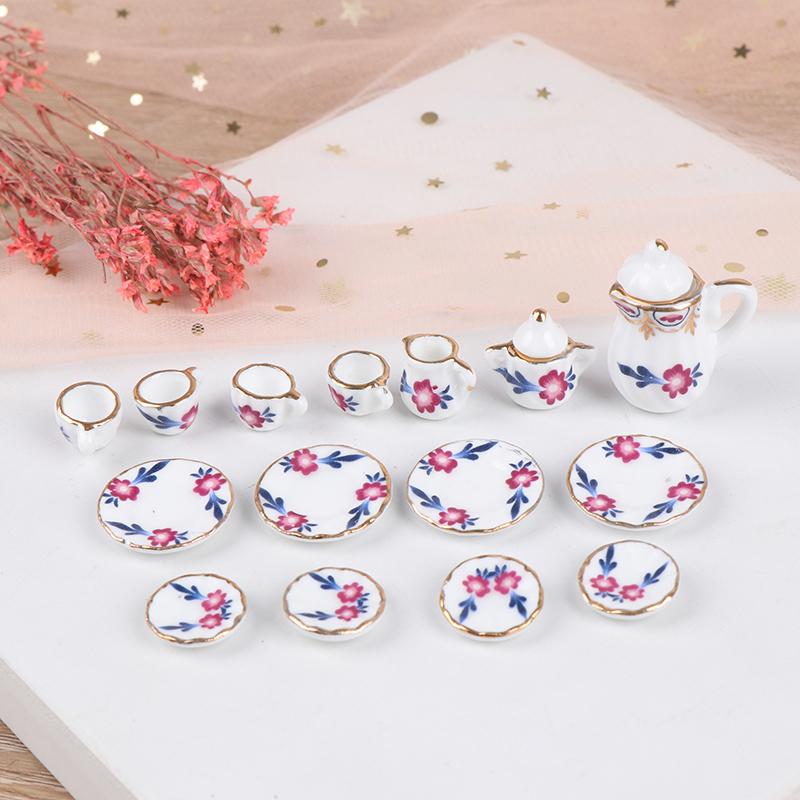 15Pcs Dollhouse Miniature Tableware Porcelain Ceramic Coffee Tea Cups Set Toys