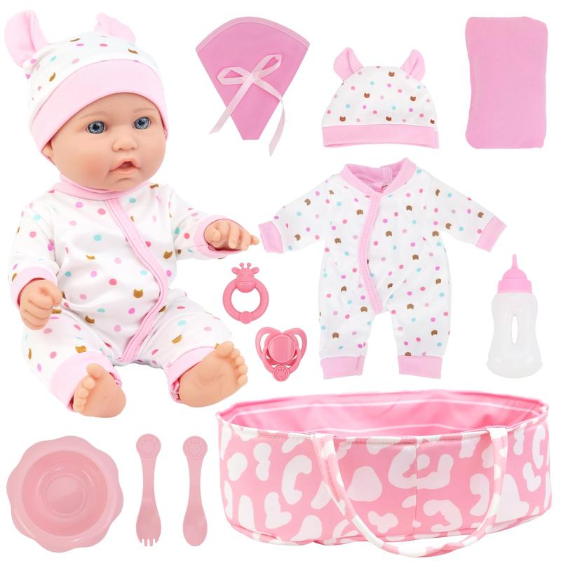 12 Inch Baby Doll with Accessories for Baby Doll Reborn Includes Carrier Bassinet Bed, Pacifier, Blanket, Pillow, Feeding Set, New Born Baby Doll Playset for Toddlers 3 Ages and Up