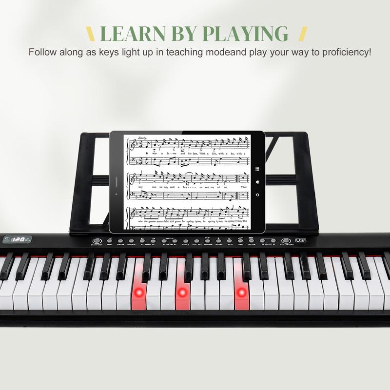 GEP-109 61 Key Lighting Keyboard with Piano Stand, Piano Bench, Built In Speakers, Headphone, Microphone, Music Rest, LED Screen, 3 Teaching Modes for Beginners