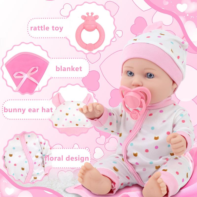 12 Inch Baby Doll with Accessories for Baby Doll Reborn Includes Carrier Bassinet Bed, Pacifier, Blanket, Pillow, Feeding Set, New Born Baby Doll Playset for Toddlers 3 Ages and Up