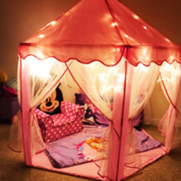 Pink Princess Castle Tent with Fairy Star Lights for Girls, Hexagon Playhouse for Kids Indoor Outdoor Games