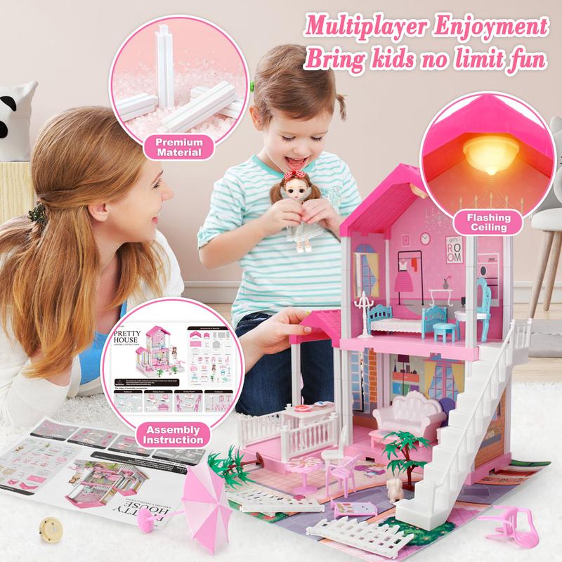 Dollhouse for Girls, Doll House with Lights, Play Mat and Dolls, DIY Building Pretend Play House with Accessories Furniture and Household Items,Playhouse for Girls 3-12 (3 Rooms)