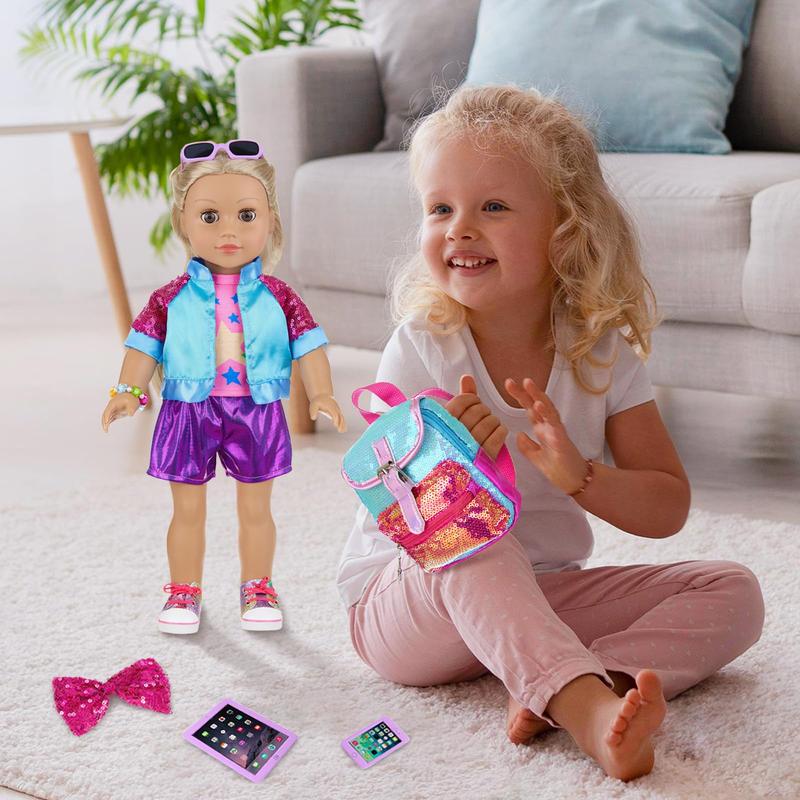 10 Pcs American 18 Inch Doll Accessories, 3-piece 18 Inch Doll Clothes Set with Doll Shoes, Hair Clip, Gradient Backpack, Bracelet, Sunglasses, Notebooks, Toy Tablet