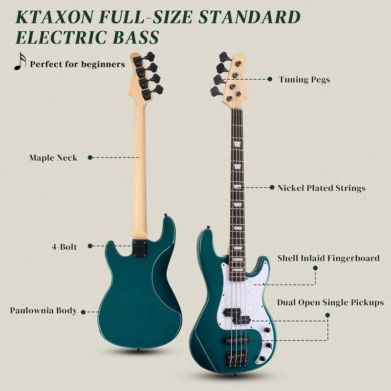 Ktaxon 4 String Electric Bass Guitar, PB-Style Full Size Standard Right Handed Beginner Kit with 20W AMP, Gig Bag, Strap, Upgrade Cable, Guitar Capo for Youths & Adults (Lake Blue)