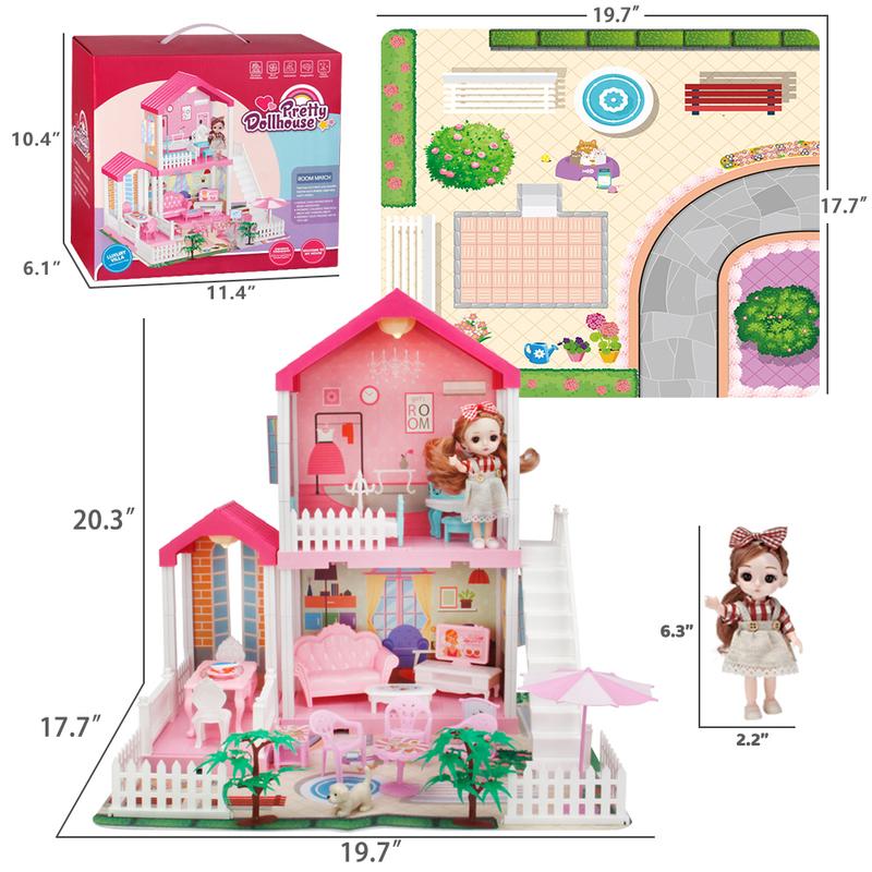 Dollhouse for Girls, Doll House with Lights, Play Mat and Dolls, DIY Building Pretend Play House with Accessories Furniture and Household Items,Playhouse for Girls 3-12 (3 Rooms)