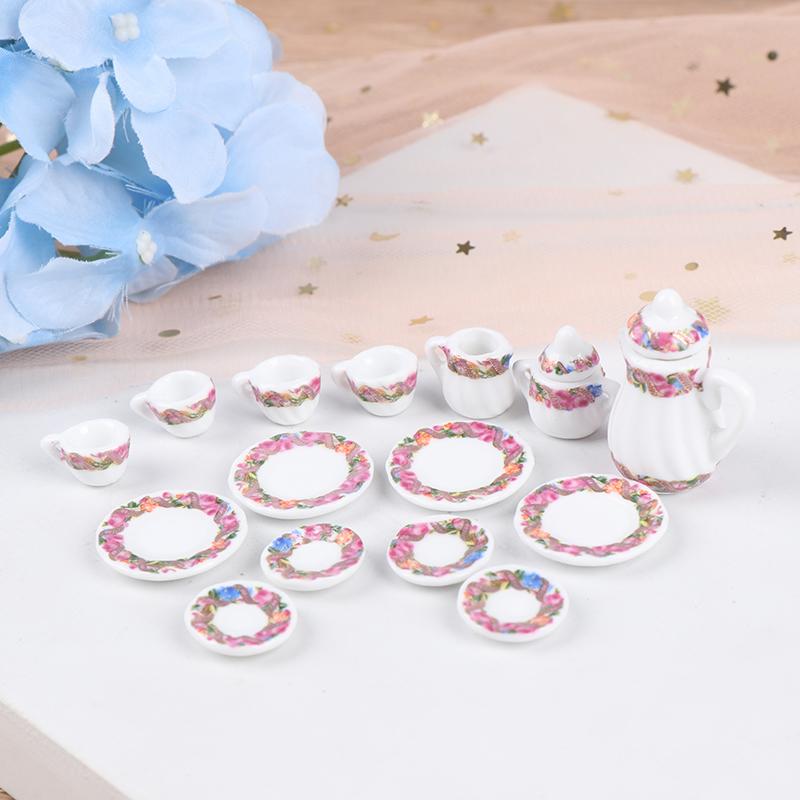 15Pcs Dollhouse Miniature Tableware Porcelain Ceramic Coffee Tea Cups Set Toys