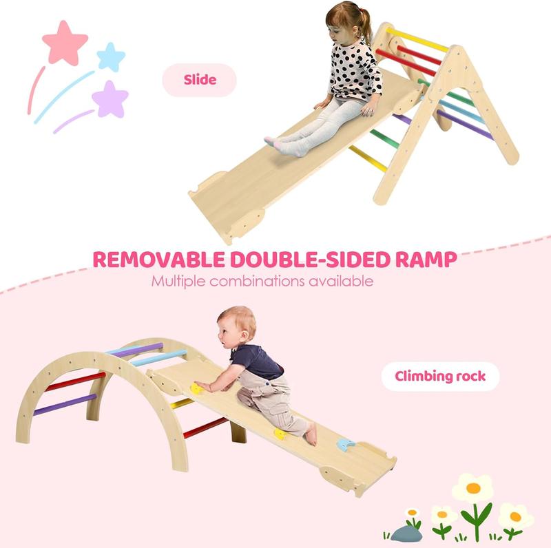 Pikler Triangle Set, 5 in 1 Kids Wooden Montessori Climbing Toys, Arch Climber, Rocker, Climbing & Sliding Ramp, Climbing Triangle, Indoor Outdoor Playground Gym Set for Toddlers