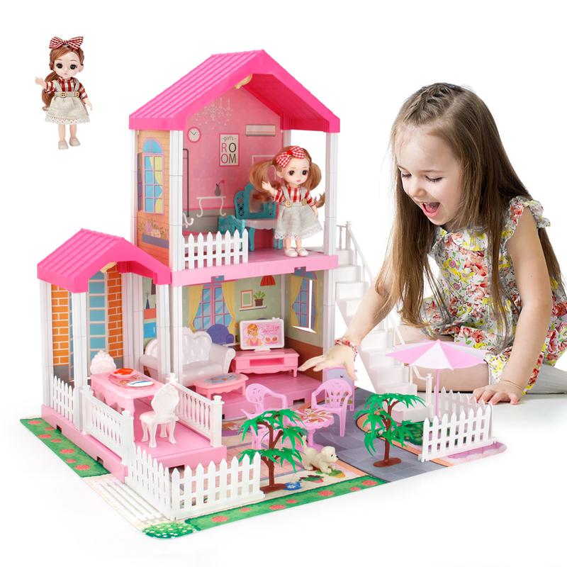 Dollhouse for Girls, Doll House with Lights, Play Mat and Dolls, DIY Building Pretend Play House with Accessories Furniture and Household Items,Playhouse for Girls 3-12 (3 Rooms)