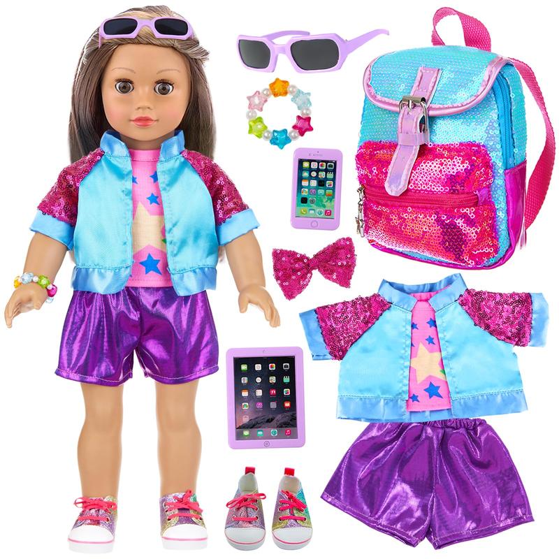 10 Pcs American 18 Inch Doll Accessories, 3-piece 18 Inch Doll Clothes Set with Doll Shoes, Hair Clip, Gradient Backpack, Bracelet, Sunglasses, Notebooks, Toy Tablet