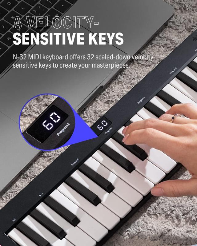 Donner N-32 32-Key USB MIDI Keyboard Controller with Screen, Sequencer, Chord, Bend Sound Effects By Light-up Joystick for Mac PC, Music Production Software, 40 Teaching Courses