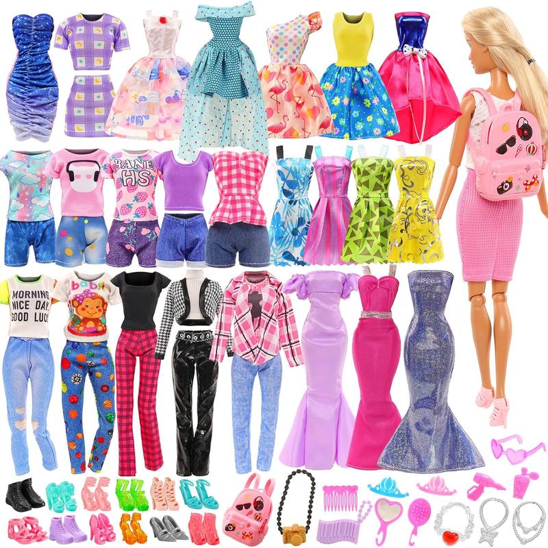 BARWA Lot 36 Items 3 Fashion Dresses 3 Casual Tops and Pants Outfits 6 Pcs Mini Dresses with 1 Bags 10 Shoes, 13 Accessories for 11.5 Inch Girl Doll Birthday Xmas