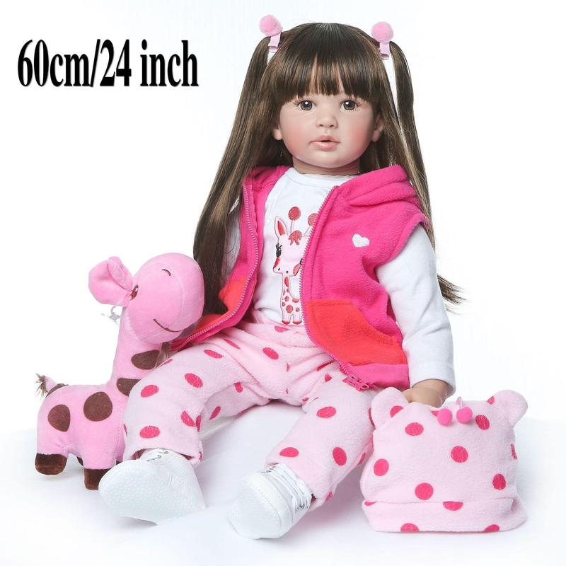 24 Inches Rebirth Girl Doll, Christmas Long Hair Brown Eyes Cute Doll Collection Cute Doll Comes with Pacifier, Bottle, Exquisite Gift Box Packaging, Realistic Baby Dolls, Fall, Thanksgiving Christmas Gift Set